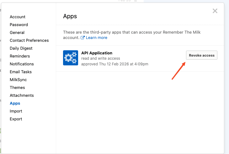 Remember The Milk Apps settings showing the Revoke access button